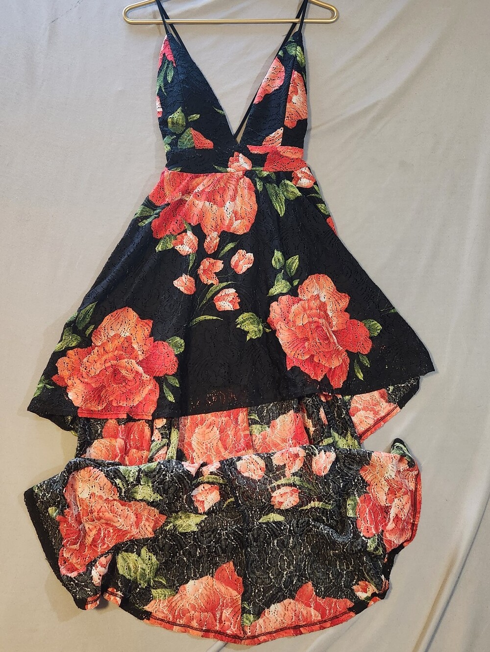 Black Floral Lace High-Low Dress with Coral Roses